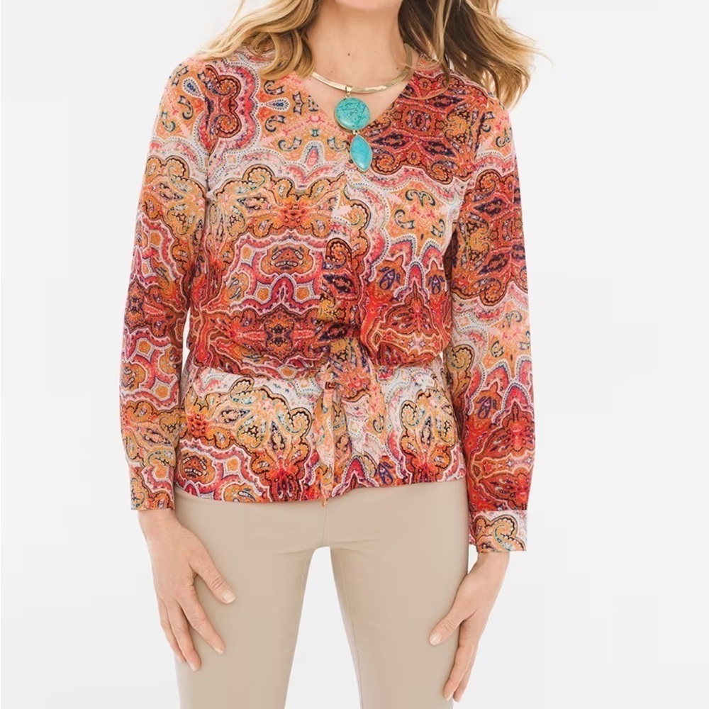 Chico’s Longline Paisley Split Front Top Blouse Size 3